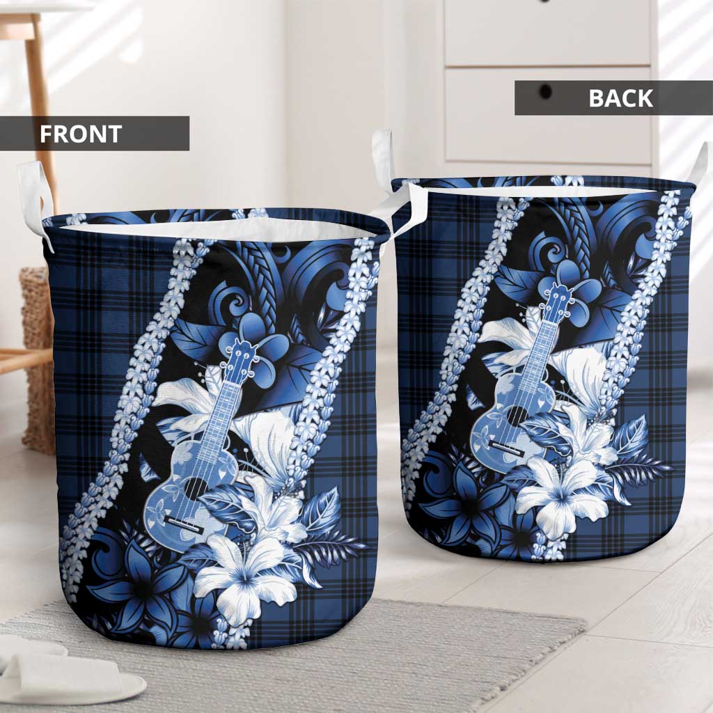Hawaii Ukulele Laundry Basket Tropical Flowers With Palaka Effect Blue Version - Polynesian Pride