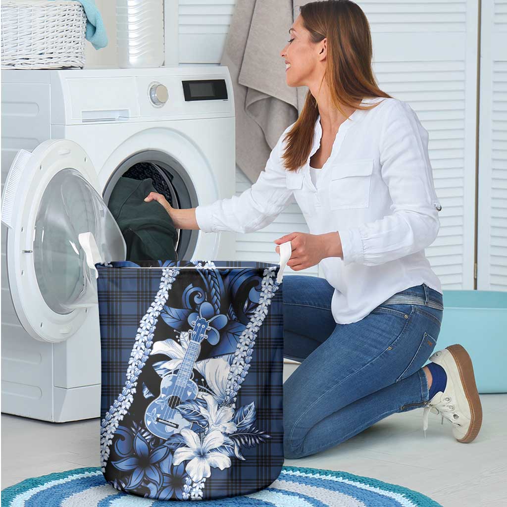 Hawaii Ukulele Laundry Basket Tropical Flowers With Palaka Effect Blue Version - Polynesian Pride