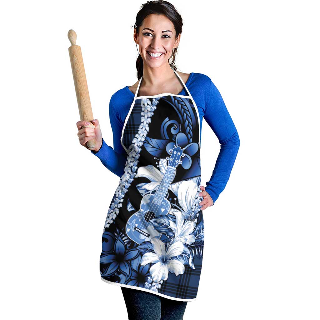 Hawaii Ukulele Apron Tropical Flowers With Palaka Effect Blue Version - Polynesian Pride