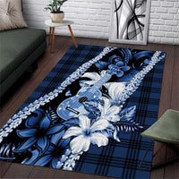 Hawaii Ukulele Area Rug Tropical Flowers With Palaka Effect Blue Version - Polynesian Pride