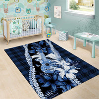 Hawaii Ukulele Area Rug Tropical Flowers With Palaka Effect Blue Version - Polynesian Pride