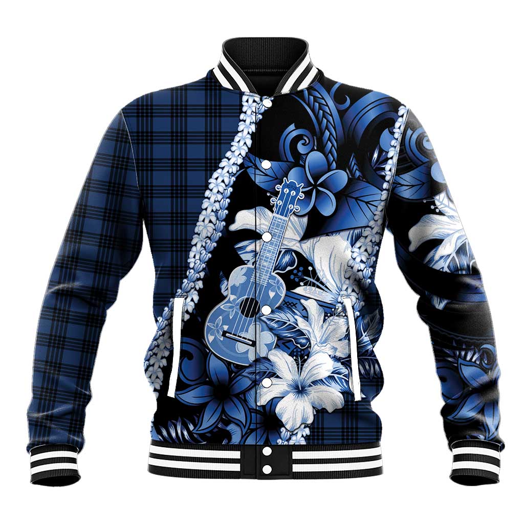 Hawaii Ukulele Baseball Jacket Tropical Flowers With Palaka Effect Blue Version - Polynesian Pride