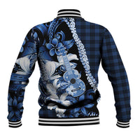 Hawaii Ukulele Baseball Jacket Tropical Flowers With Palaka Effect Blue Version - Polynesian Pride