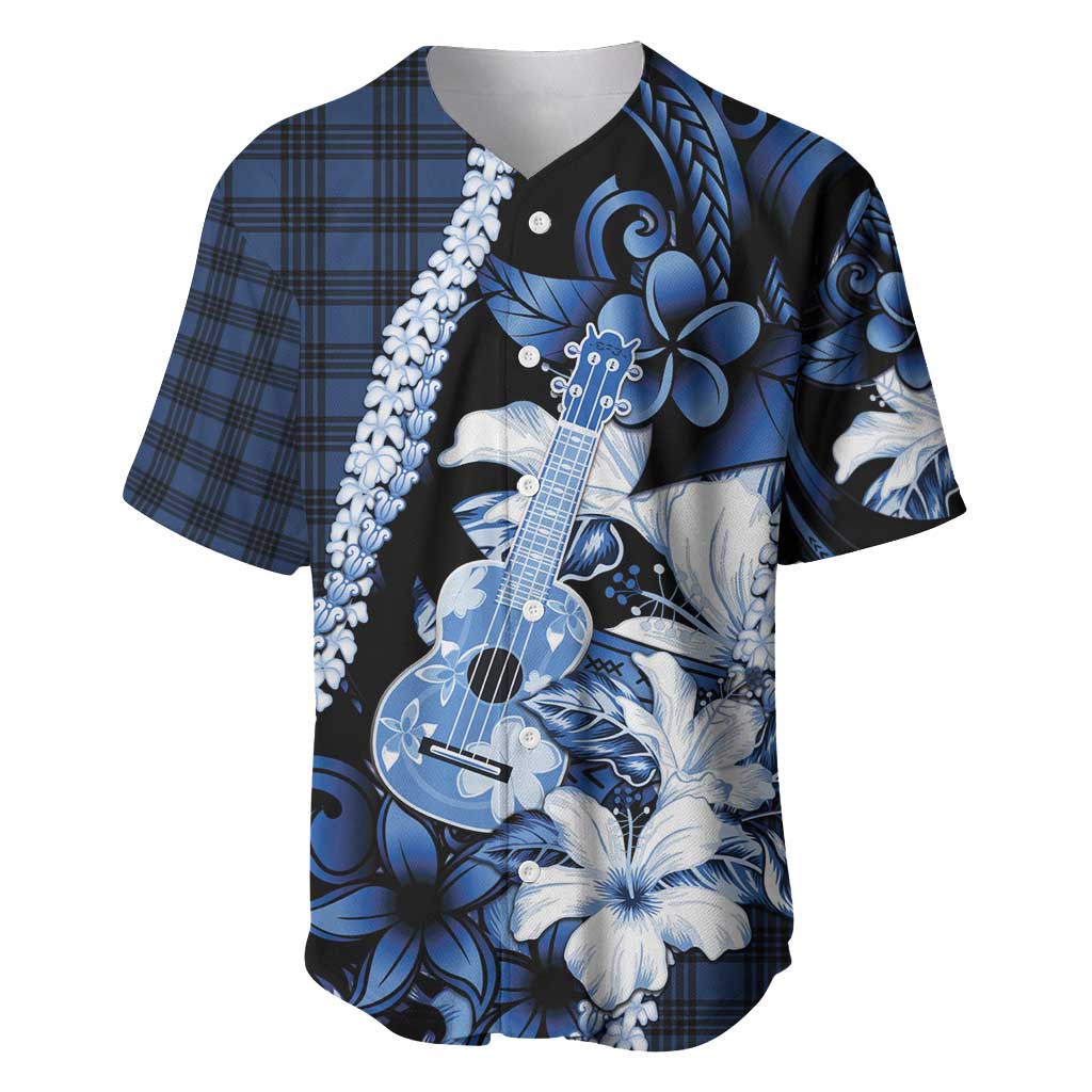 Hawaii Ukulele Baseball Jersey Tropical Flowers With Palaka Effect Blue Version - Polynesian Pride