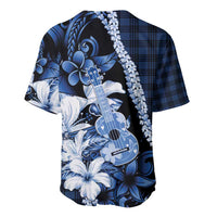 Hawaii Ukulele Baseball Jersey Tropical Flowers With Palaka Effect Blue Version - Polynesian Pride