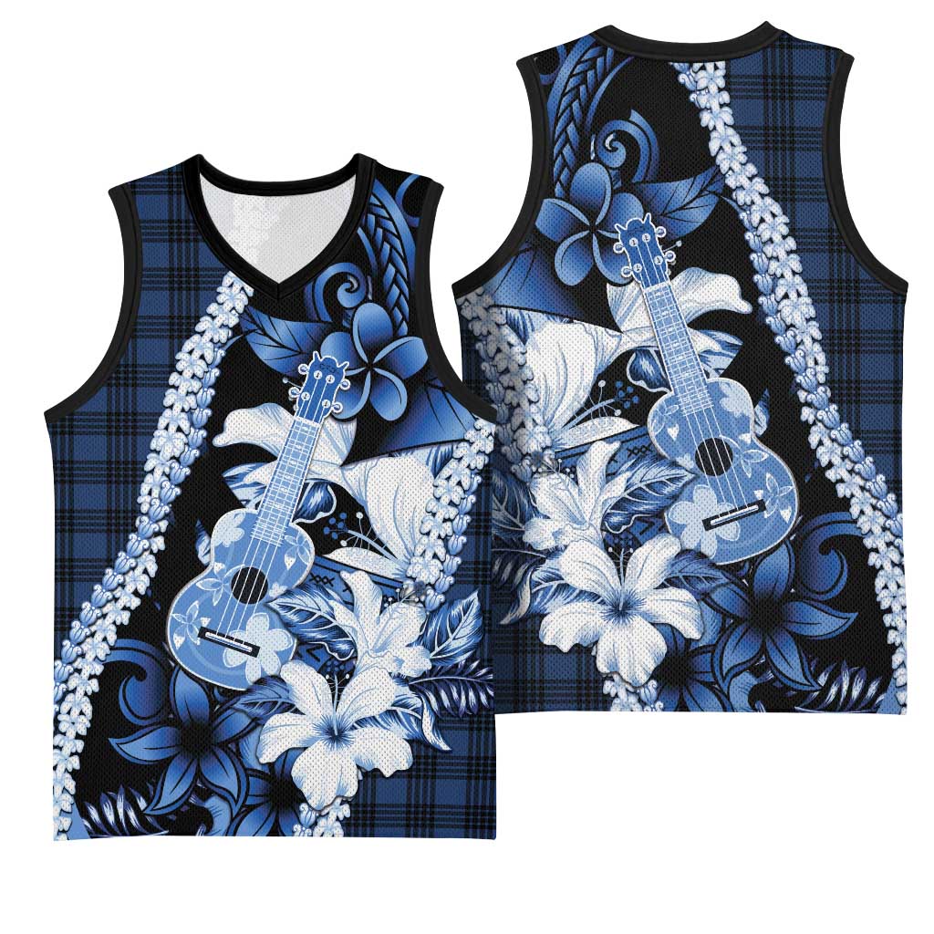 Hawaii Ukulele Basketball Jersey Tropical Flowers With Palaka Effect Blue Version - Polynesian Pride