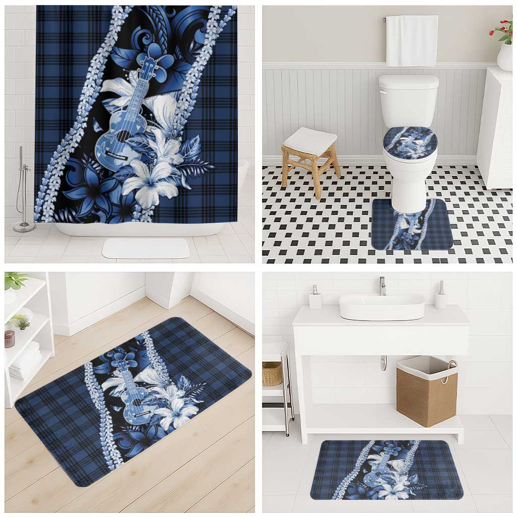 Hawaii Ukulele Bathroom Set Tropical Flowers With Palaka Effect Blue Version - Polynesian Pride