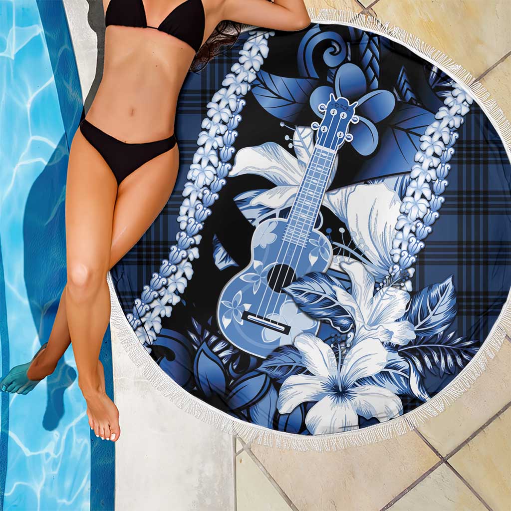 Hawaii Ukulele Beach Blanket Tropical Flowers With Palaka Effect Blue Version - Polynesian Pride