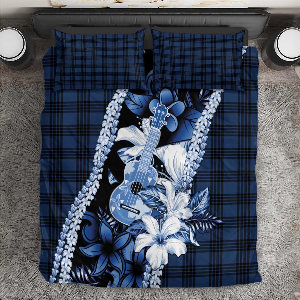 Hawaii Ukulele Bedding Set Tropical Flowers With Palaka Effect Blue Version - Polynesian Pride