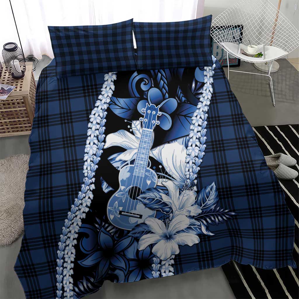Hawaii Ukulele Bedding Set Tropical Flowers With Palaka Effect Blue Version - Polynesian Pride