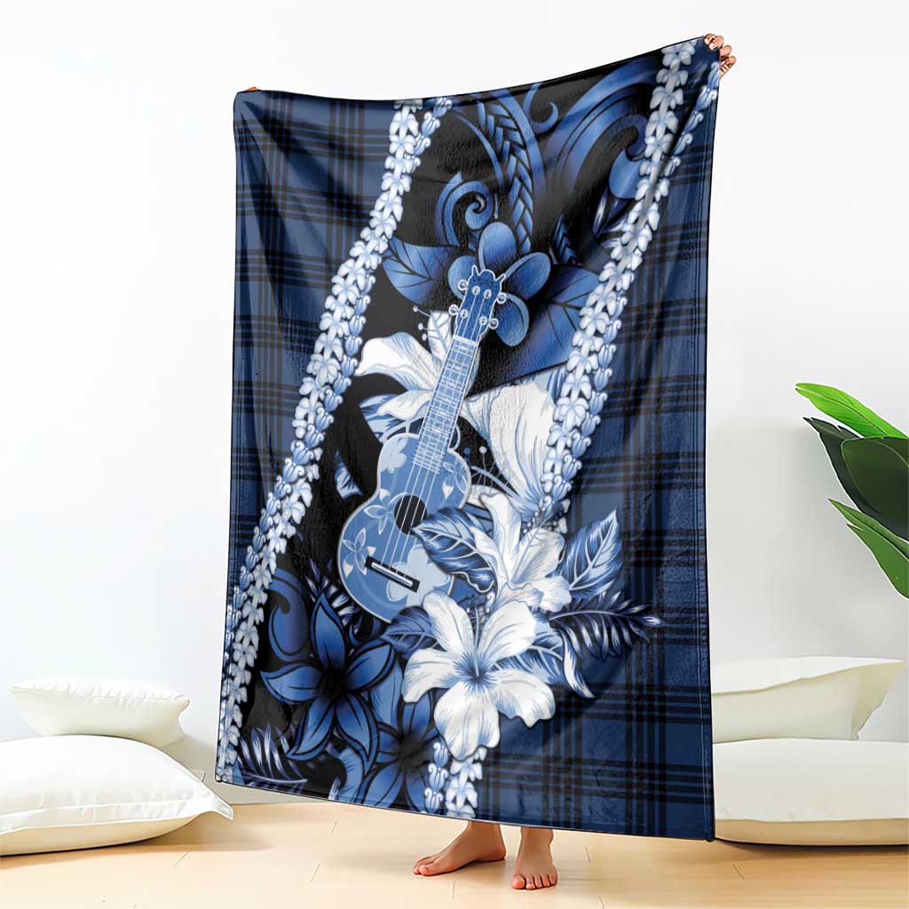 Hawaii Ukulele Blanket Tropical Flowers With Palaka Effect Blue Version - Polynesian Pride