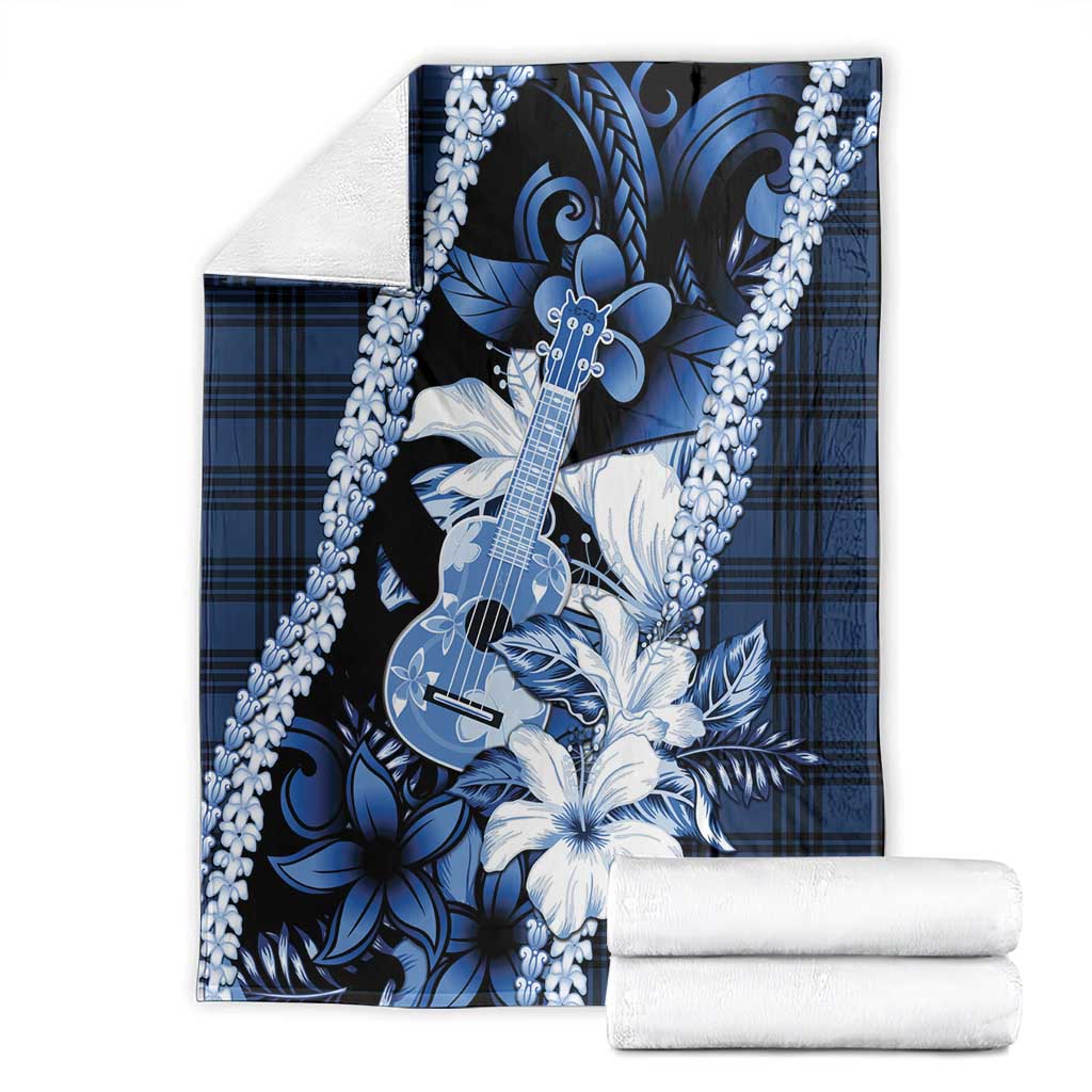 Hawaii Ukulele Blanket Tropical Flowers With Palaka Effect Blue Version - Polynesian Pride