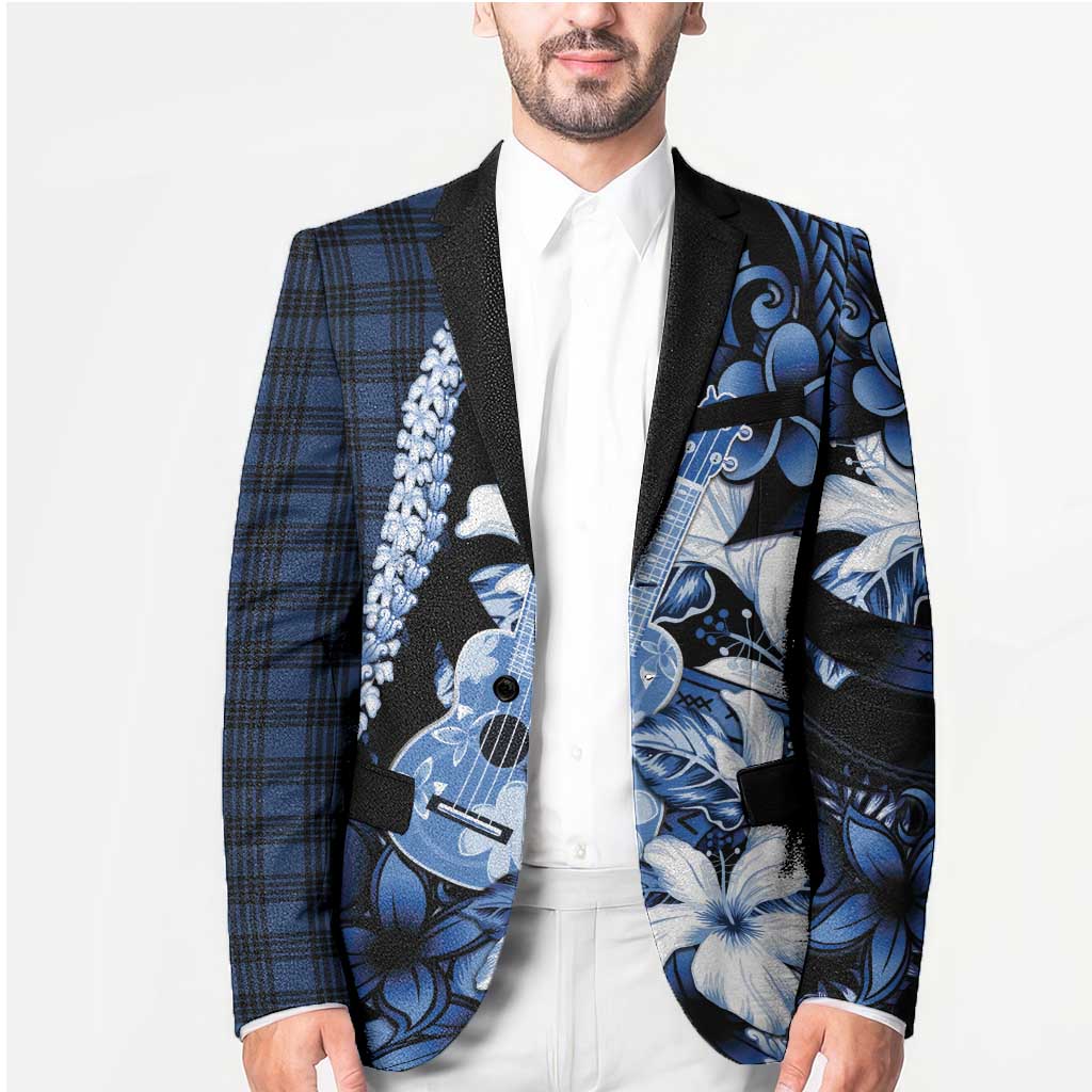 Hawaii Ukulele Blazer Tropical Flowers With Palaka Effect Blue Version - Polynesian Pride