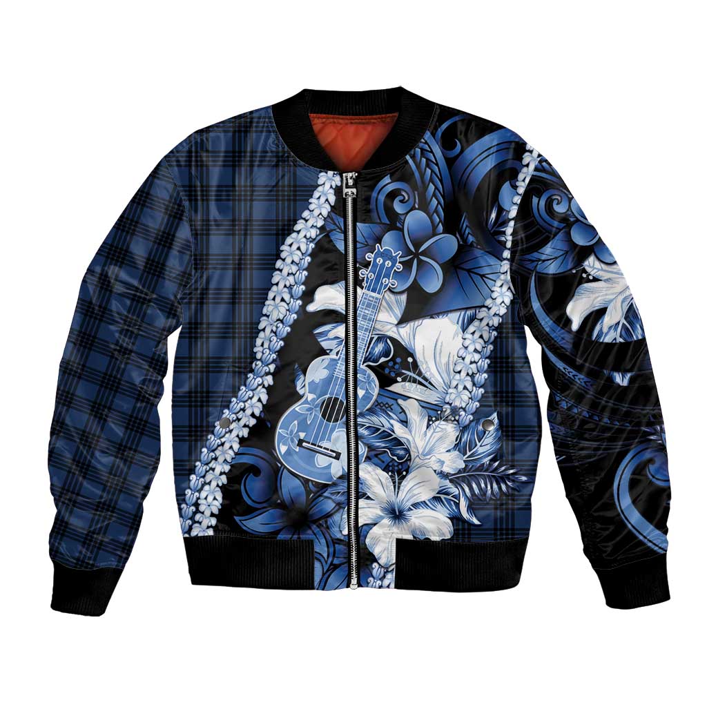 Hawaii Ukulele Bomber Jacket Tropical Flowers With Palaka Effect Blue Version - Polynesian Pride
