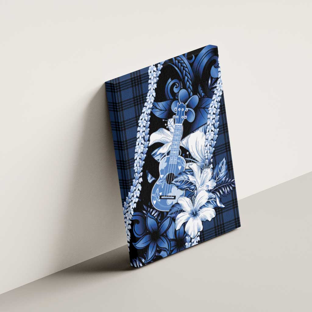 Hawaii Ukulele Canvas Wall Art Tropical Flowers With Palaka Effect Blue Version - Polynesian Pride