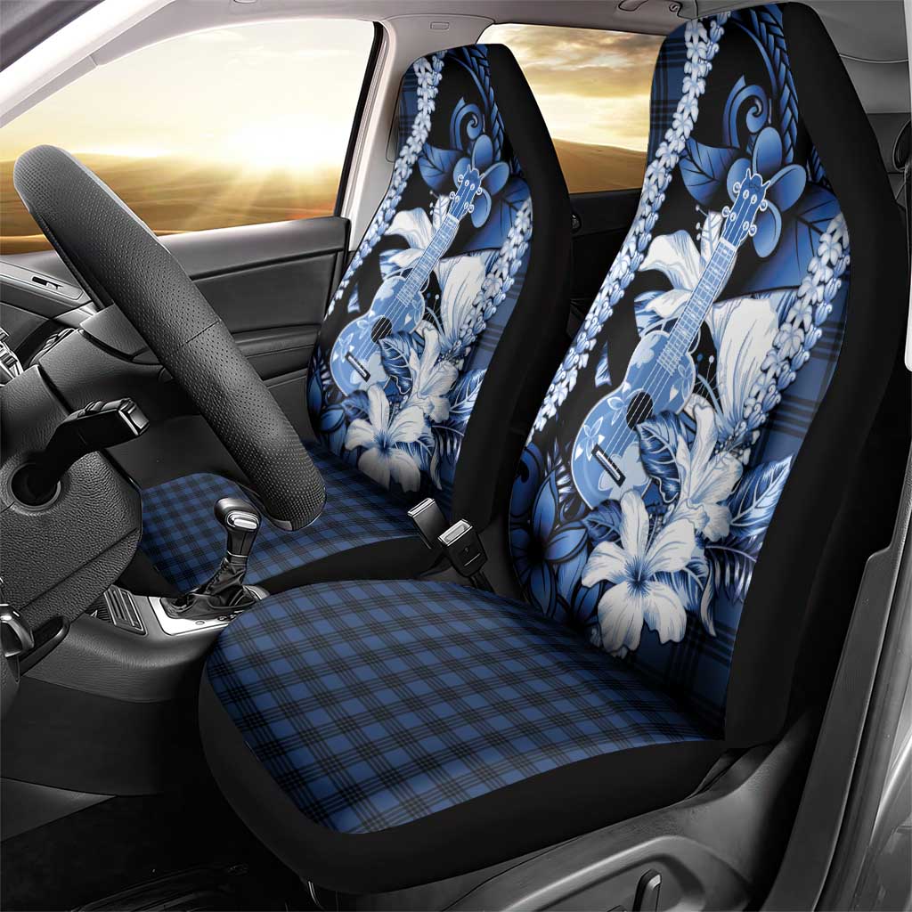Hawaii Ukulele Car Seat Cover Tropical Flowers With Palaka Effect Blue Version - Polynesian Pride