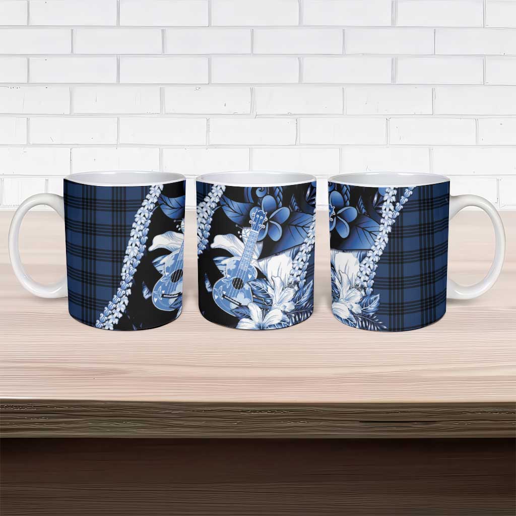 Hawaii Ukulele Ceramic Mug Tropical Flowers With Palaka Effect Blue Version - Polynesian Pride