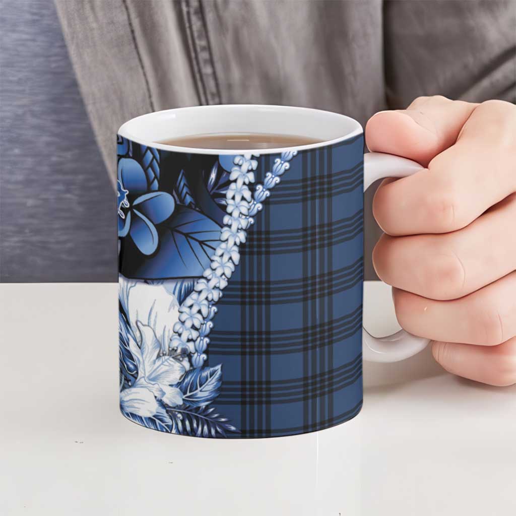 Hawaii Ukulele Ceramic Mug Tropical Flowers With Palaka Effect Blue Version - Polynesian Pride