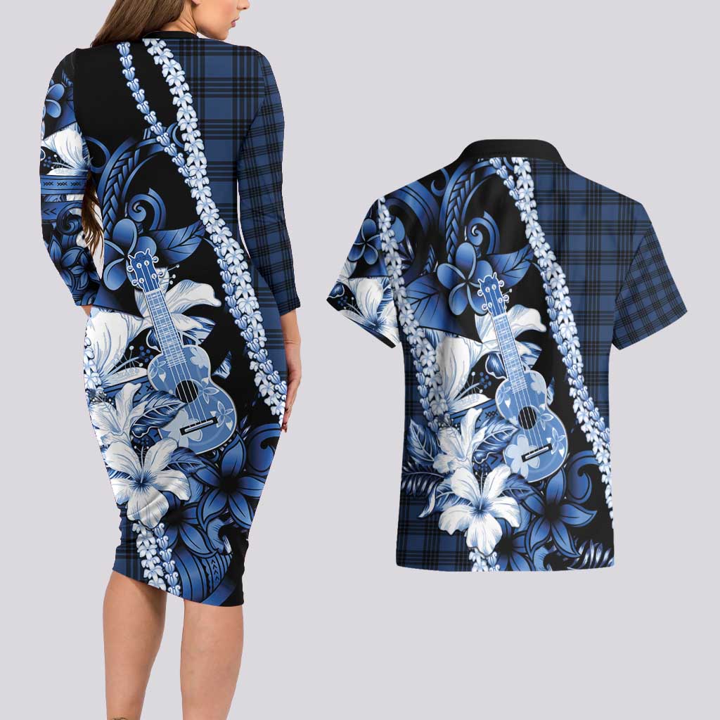 Hawaii Ukulele Couples Matching Long Sleeve Bodycon Dress and Hawaiian Shirt Tropical Flowers With Palaka Effect Blue Version - Polynesian Pride