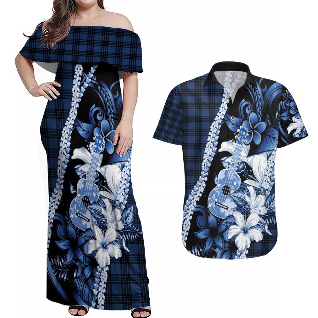 Hawaii Ukulele Couples Matching Off Shoulder Maxi Dress and Hawaiian Shirt Tropical Flowers With Palaka Effect Blue Version - Polynesian Pride
