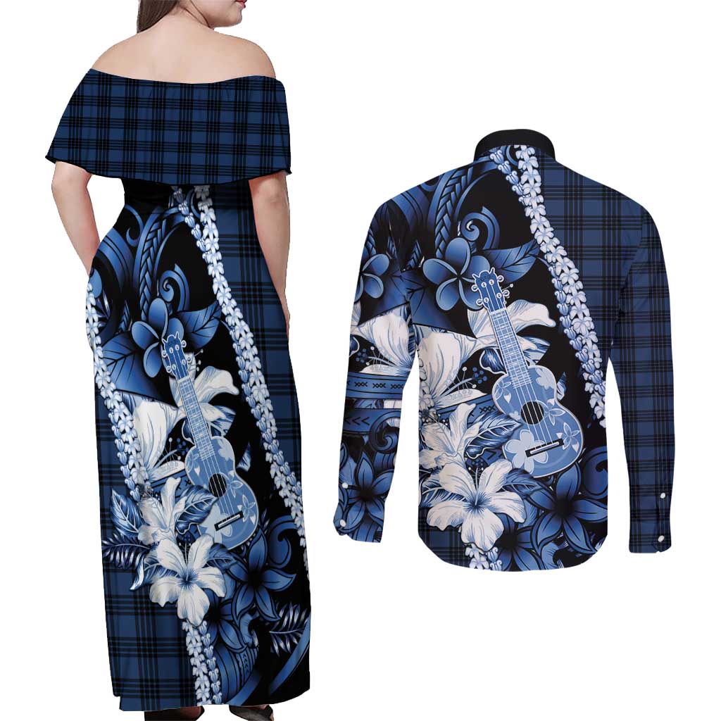 Hawaii Ukulele Couples Matching Off Shoulder Maxi Dress and Long Sleeve Button Shirt Tropical Flowers With Palaka Effect Blue Version - Polynesian Pride