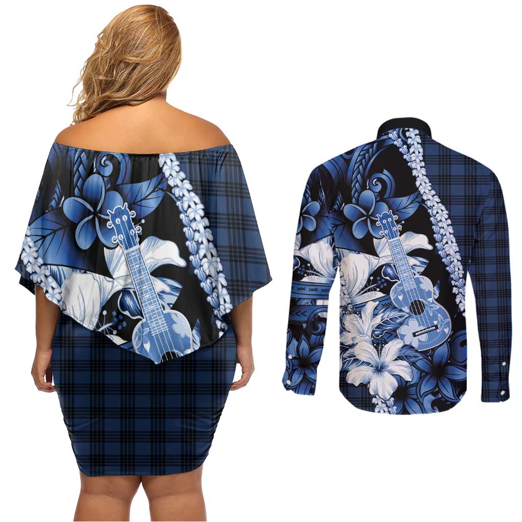 Hawaii Ukulele Couples Matching Off Shoulder Short Dress and Long Sleeve Button Shirt Tropical Flowers With Palaka Effect Blue Version - Polynesian Pride
