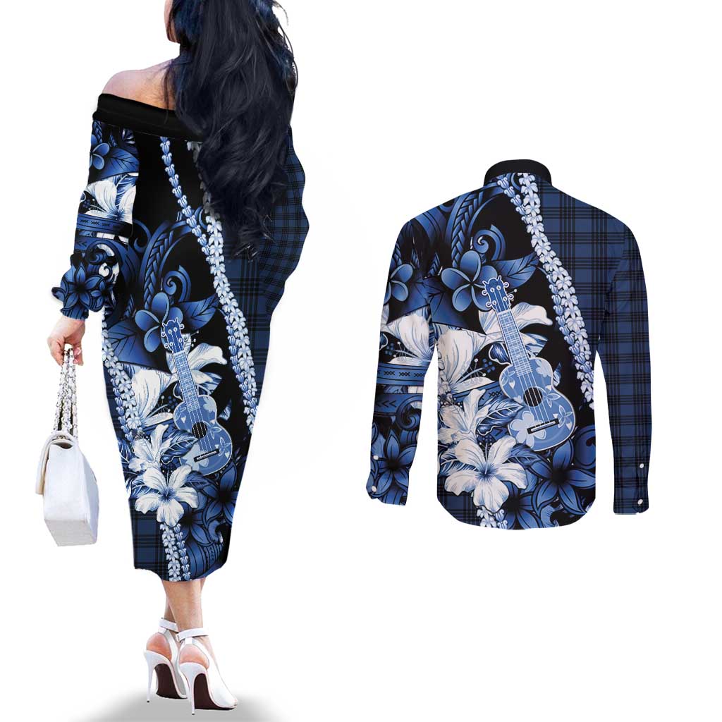 Hawaii Ukulele Couples Matching Off The Shoulder Long Sleeve Dress and Long Sleeve Button Shirt Tropical Flowers With Palaka Effect Blue Version - Polynesian Pride