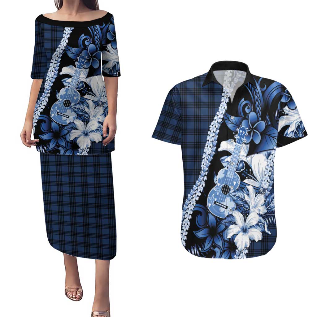 Hawaii Ukulele Couples Matching Puletasi and Hawaiian Shirt Tropical Flowers With Palaka Effect Blue Version - Polynesian Pride