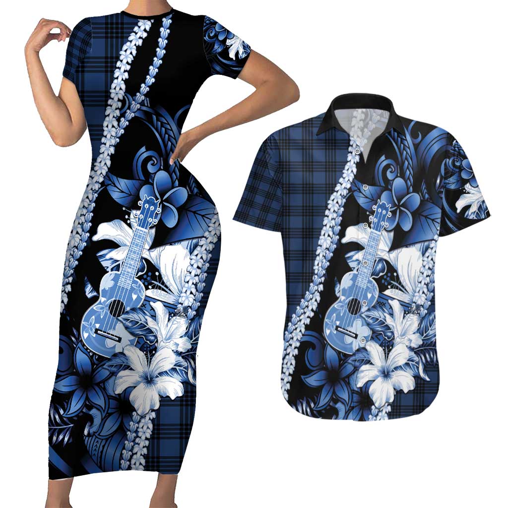 Hawaii Ukulele Couples Matching Short Sleeve Bodycon Dress and Hawaiian Shirt Tropical Flowers With Palaka Effect Blue Version - Polynesian Pride