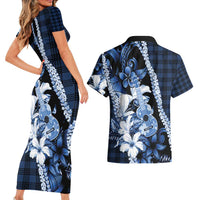 Hawaii Ukulele Couples Matching Short Sleeve Bodycon Dress and Hawaiian Shirt Tropical Flowers With Palaka Effect Blue Version - Polynesian Pride