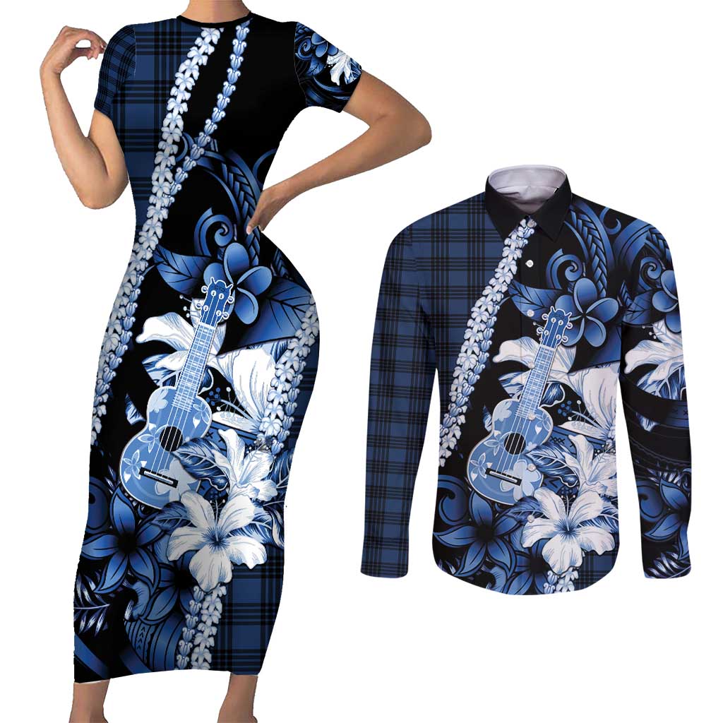 Hawaii Ukulele Couples Matching Short Sleeve Bodycon Dress and Long Sleeve Button Shirt Tropical Flowers With Palaka Effect Blue Version - Polynesian Pride