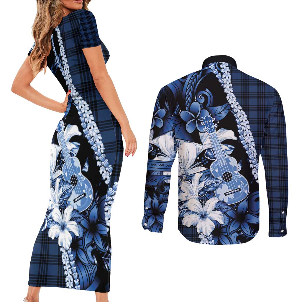 Hawaii Ukulele Couples Matching Short Sleeve Bodycon Dress and Long Sleeve Button Shirt Tropical Flowers With Palaka Effect Blue Version - Polynesian Pride