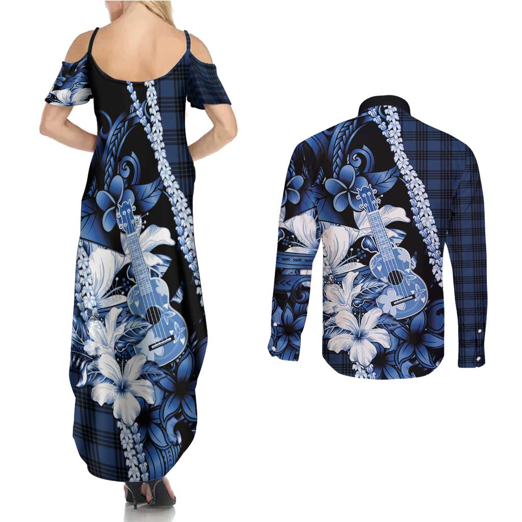 Hawaii Ukulele Couples Matching Summer Maxi Dress and Long Sleeve Button Shirt Tropical Flowers With Palaka Effect Blue Version - Polynesian Pride