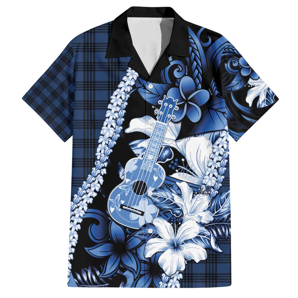 Hawaii Ukulele Family Matching Long Sleeve Bodycon Dress and Hawaiian Shirt Tropical Flowers With Palaka Effect Blue Version - Polynesian Pride