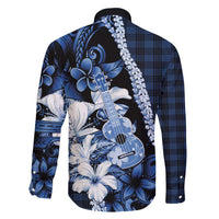 Hawaii Ukulele Family Matching Long Sleeve Bodycon Dress and Hawaiian Shirt Tropical Flowers With Palaka Effect Blue Version - Polynesian Pride