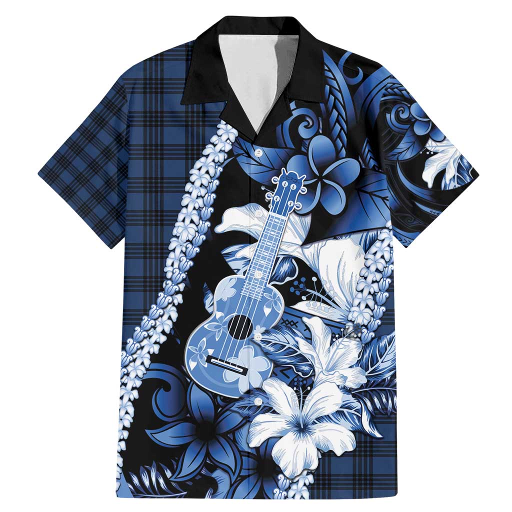 Hawaii Ukulele Family Matching Mermaid Dress and Hawaiian Shirt Tropical Flowers With Palaka Effect Blue Version - Polynesian Pride