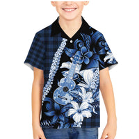 Hawaii Ukulele Family Matching Mermaid Dress and Hawaiian Shirt Tropical Flowers With Palaka Effect Blue Version - Polynesian Pride