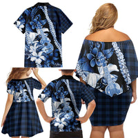 Hawaii Ukulele Family Matching Off Shoulder Short Dress and Hawaiian Shirt Tropical Flowers With Palaka Effect Blue Version - Polynesian Pride