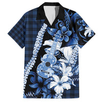 Hawaii Ukulele Family Matching Off Shoulder Short Dress and Hawaiian Shirt Tropical Flowers With Palaka Effect Blue Version - Polynesian Pride