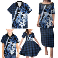 Hawaii Ukulele Family Matching Puletasi and Hawaiian Shirt Tropical Flowers With Palaka Effect Blue Version - Polynesian Pride