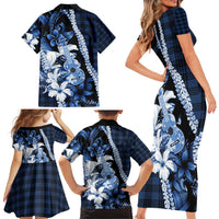 Hawaii Ukulele Family Matching Short Sleeve Bodycon Dress and Hawaiian Shirt Tropical Flowers With Palaka Effect Blue Version - Polynesian Pride