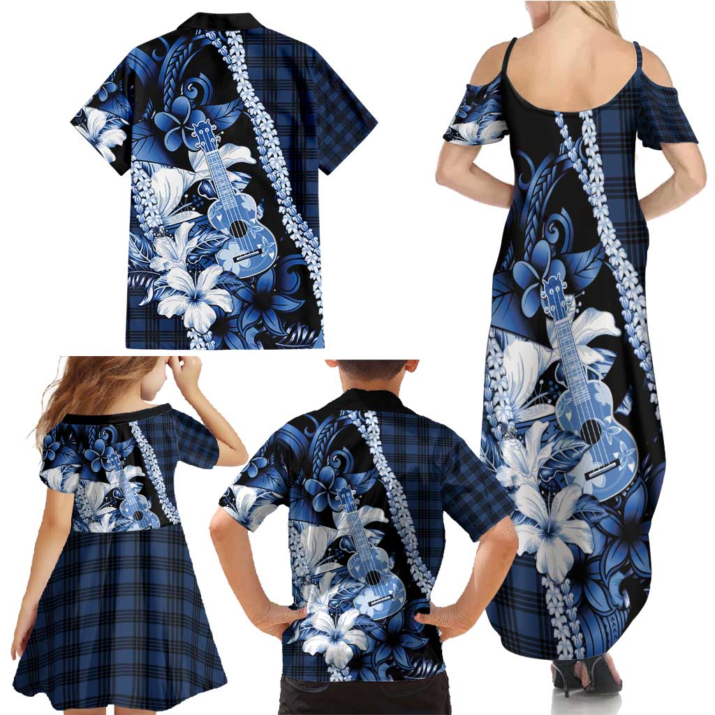 Hawaii Ukulele Family Matching Summer Maxi Dress and Hawaiian Shirt Tropical Flowers With Palaka Effect Blue Version - Polynesian Pride