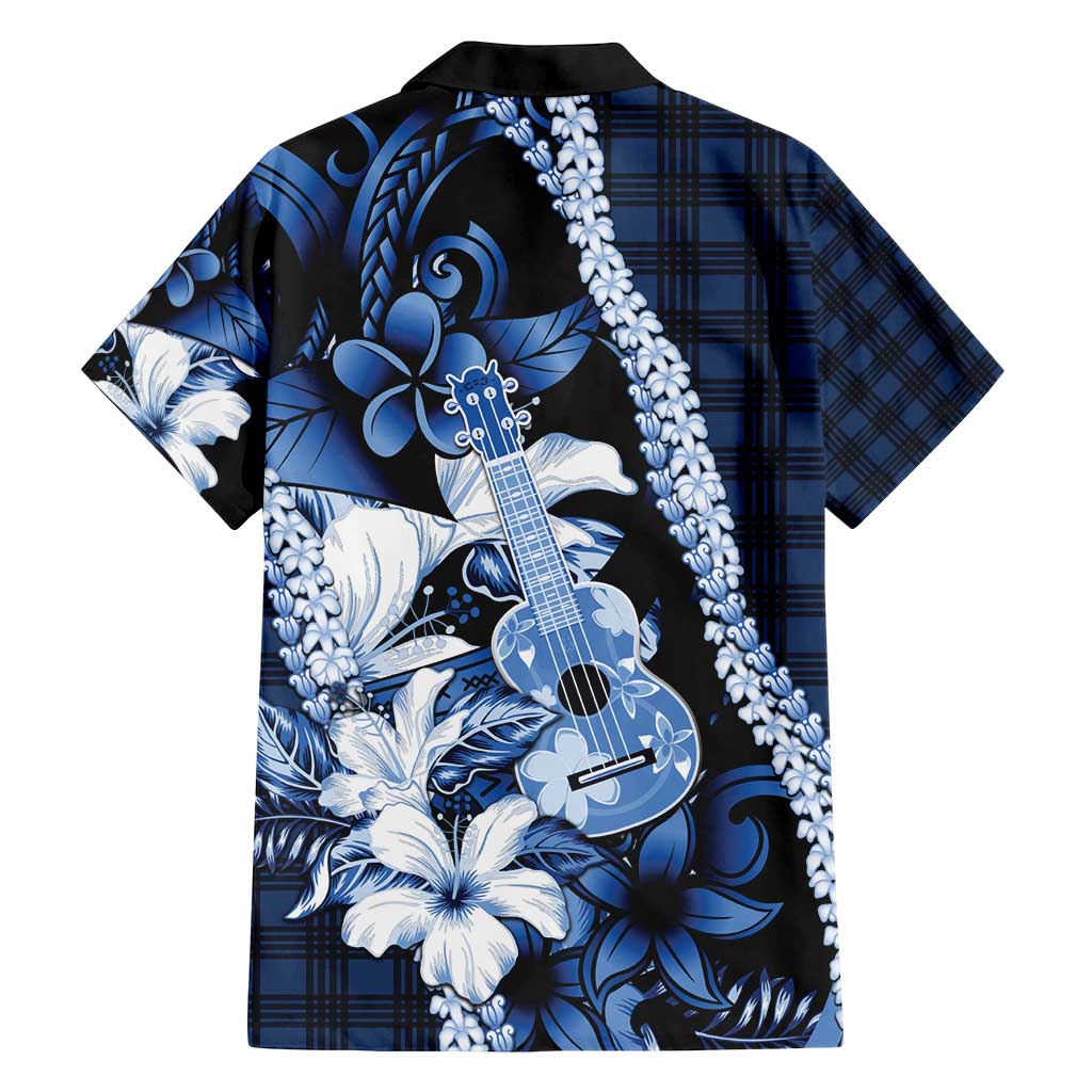 Hawaii Ukulele Family Matching Summer Maxi Dress and Hawaiian Shirt Tropical Flowers With Palaka Effect Blue Version - Polynesian Pride