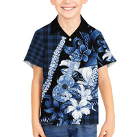 Hawaii Ukulele Family Matching Summer Maxi Dress and Hawaiian Shirt Tropical Flowers With Palaka Effect Blue Version - Polynesian Pride