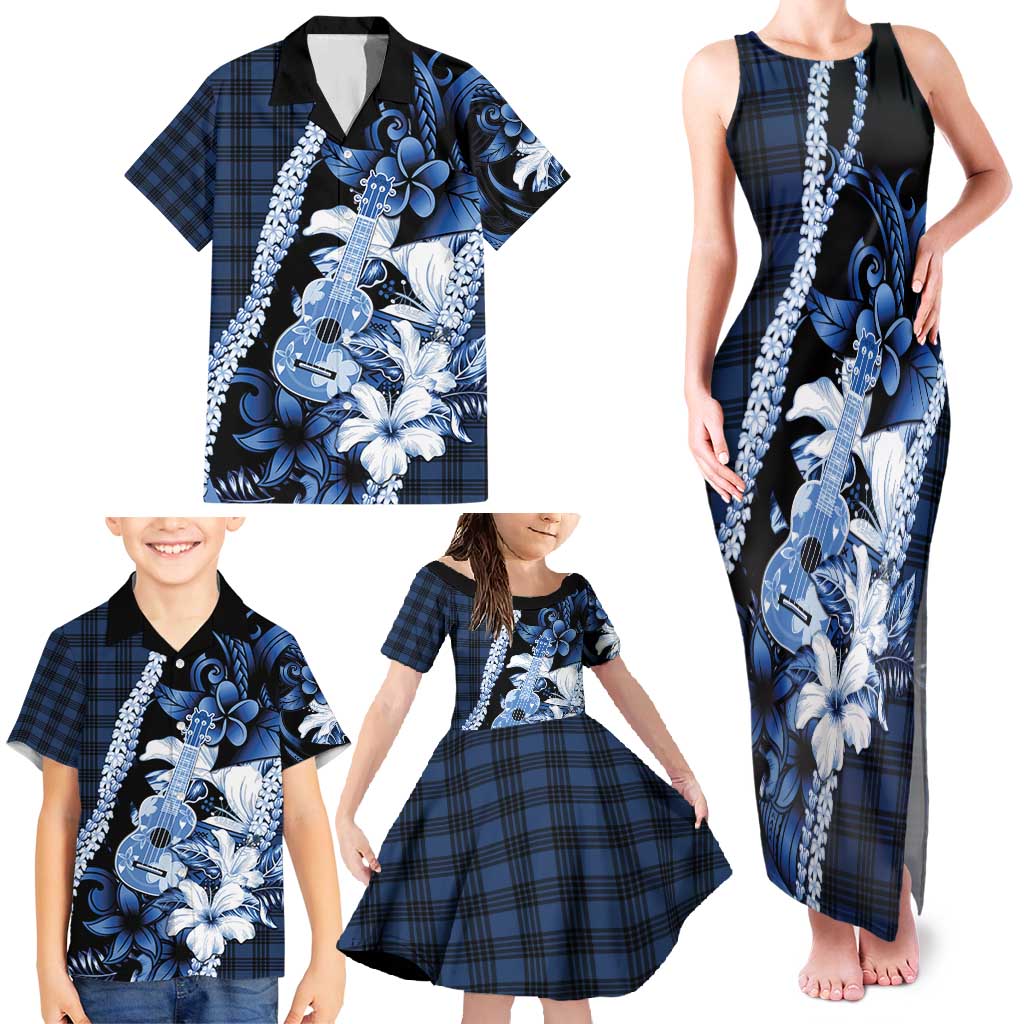 Hawaii Ukulele Family Matching Tank Maxi Dress and Hawaiian Shirt Tropical Flowers With Palaka Effect Blue Version - Polynesian Pride