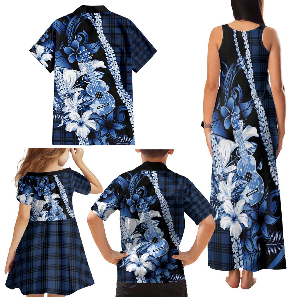 Hawaii Ukulele Family Matching Tank Maxi Dress and Hawaiian Shirt Tropical Flowers With Palaka Effect Blue Version - Polynesian Pride