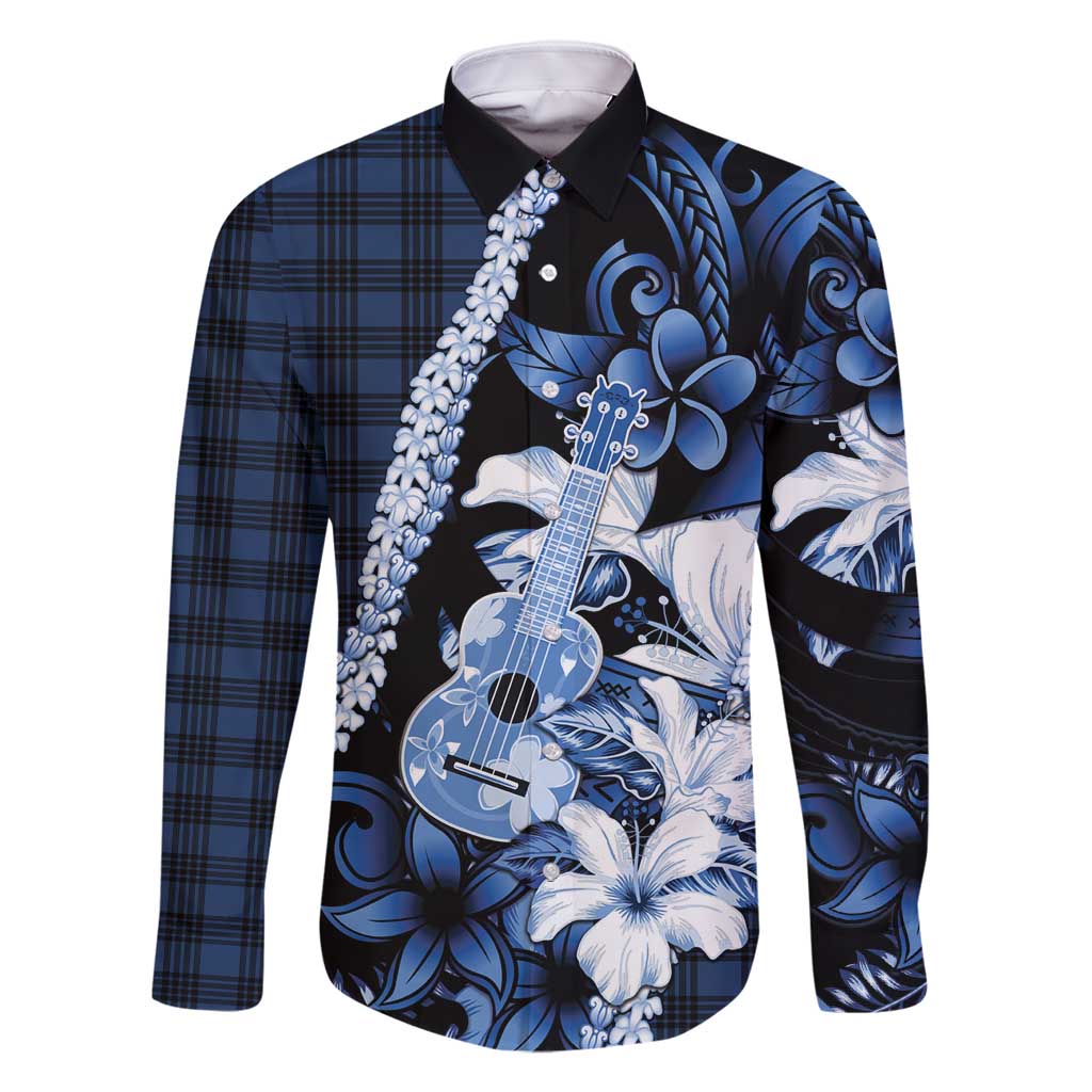 Hawaii Ukulele Family Matching Tank Maxi Dress and Hawaiian Shirt Tropical Flowers With Palaka Effect Blue Version - Polynesian Pride