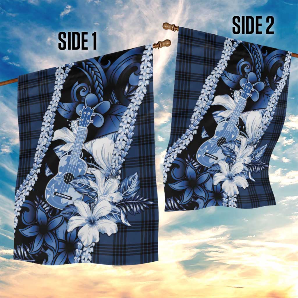 Hawaii Ukulele Garden Flag Tropical Flowers With Palaka Effect Blue Version - Polynesian Pride