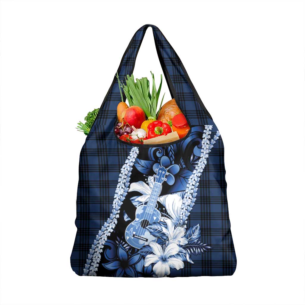 Hawaii Ukulele Grocery Bag Tropical Flowers With Palaka Effect Blue Version - Polynesian Pride