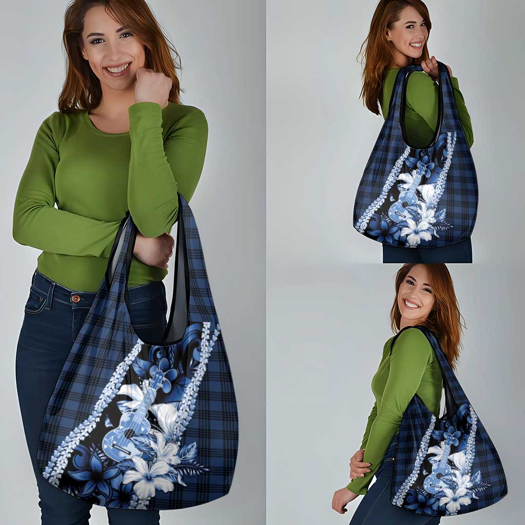 Hawaii Ukulele Grocery Bag Tropical Flowers With Palaka Effect Blue Version - Polynesian Pride